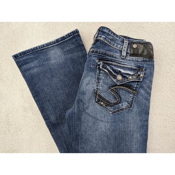 Silver Jeans Co. W30 L33 Tuesday Low Boot Cut Embellished Dark Wash Denim Jeans - Picture 1 of 16